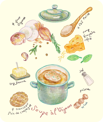 Recipe of French onion soup illustrated by Suah
